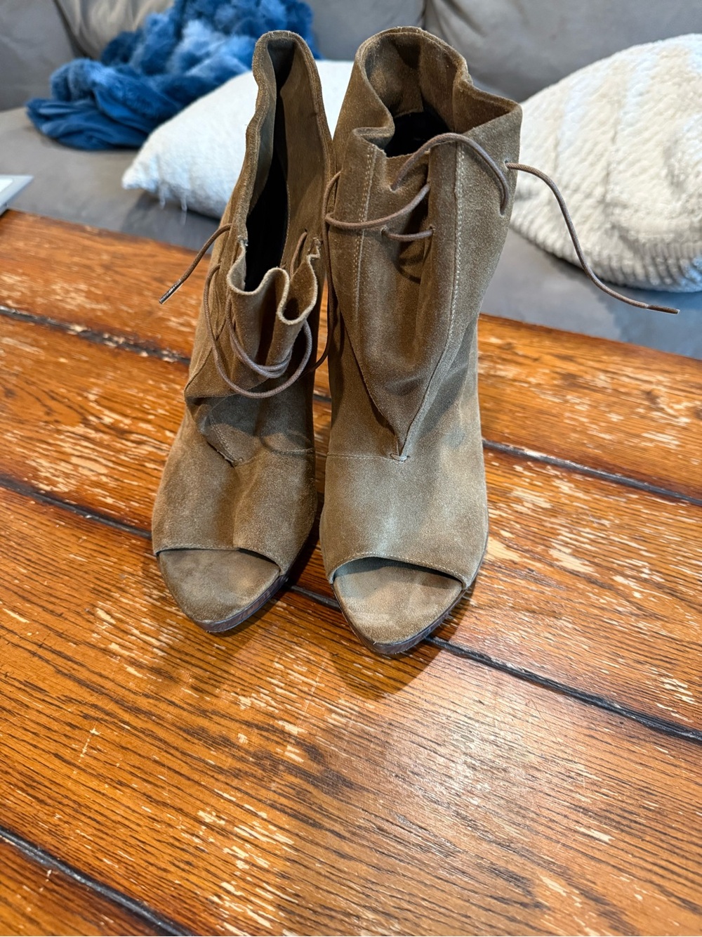 Burberry Olive Suede Open-Toe Lace-Up Heeled Booties